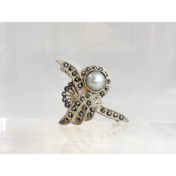 Marcasite Faux Button Pearl Abstract Art Deco Sterling Vintage Brooch Pendant - Picture 4 of 10